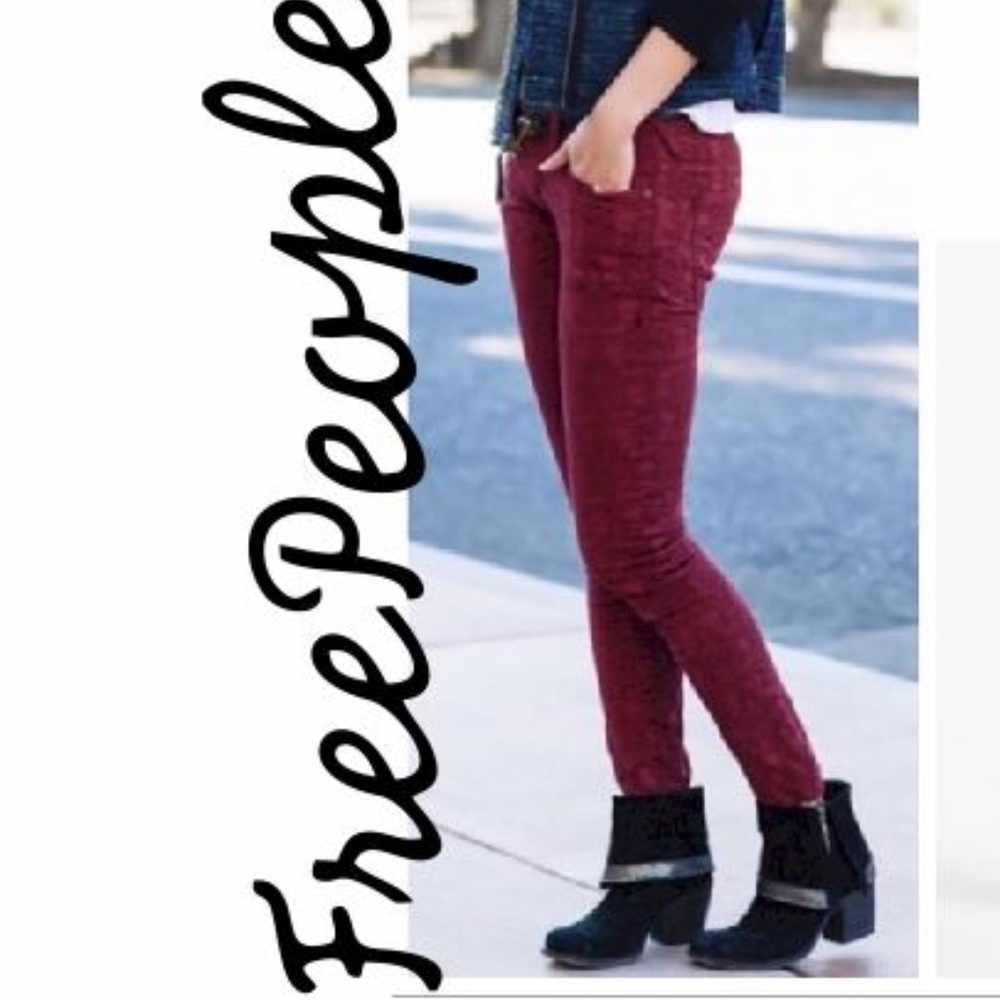 FREE PEOPLE Lace Floral Maroon Skinny Jeans W29